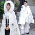 Embroidered Furry Trim Hooded Cape White - One Size