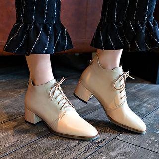 Genuine Leather Chunky Heel Lace-up Shoes