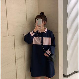 Long-sleeve Color Block Polo Shirt Dress As Shown In Figure - One Size