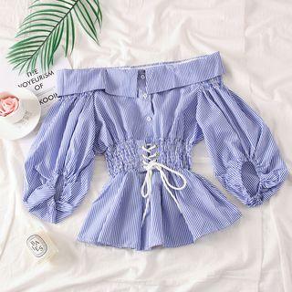 Boatneck Lace-up Striped Blouse Blue - One Size