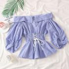 Boatneck Lace-up Striped Blouse Blue - One Size