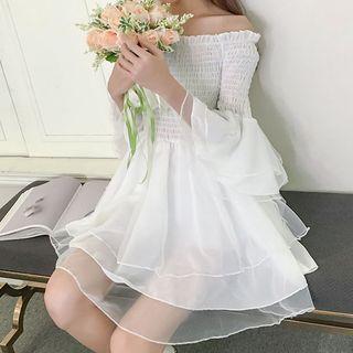Off-shoulder Mesh Elbow-sleeve Minidress