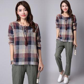 Plaid Round-neck Long-sleeve T Shirt