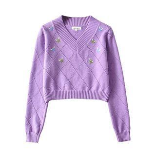 Embroidered V-neck Cropped Knit Top