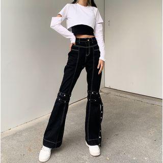 Contrast Stitching Strappy Bootcut Jeans