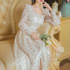 Long-sleeve Button-up Dotted Maxi A-line Dress