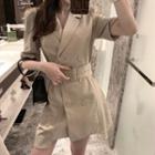 Lapel Collar Double-buttoned Short-sleeve Dress With Belt
