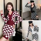 Long-sleeve Checkered Knit Mini Sheath Dress