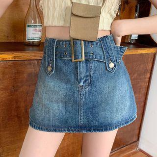 Belted Mini Denim Skirt