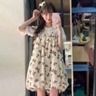 Short-sleeve Blouse / Spaghetti Strap Print Mini Dress / Arm Sleeves / Set