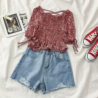 Floral Print Puff-sleeve Blouse / Flower Embroidered Denim Shorts
