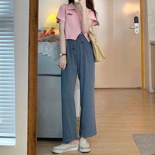 Short-sleeve Asymmetrical Shirt / Wide Leg Pants / Set