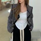 Collared Houndstooth Long-sleeve Cropped Jacket Black & White - One Size