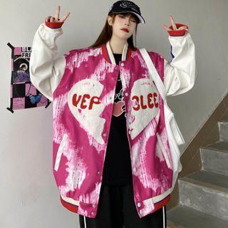 Lettering Embroidered Tie-dye Baseball Jacket