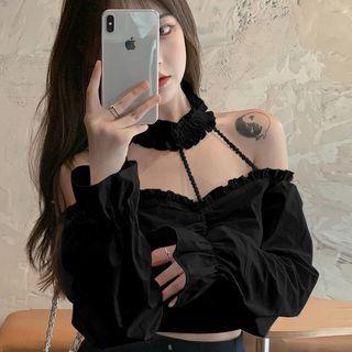 Choker-neck Cold-shoulder Shirred Blouse