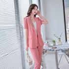 Short-sleeve Rhinestone Double-breasted Blazer / Straight Leg Pants