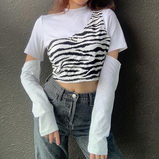Set: Long-sleeve Cutout Crop Top + One-shoulder Zebra Print Cropped Camisole Top
