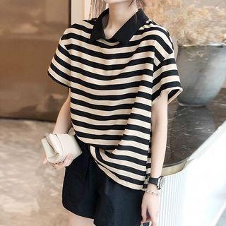 Short-sleeve Polo Collar Stripe Loose Fit Top