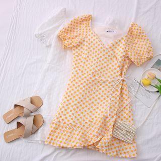 Daisy-embroidered Wrapped Mini Dress