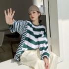 Long-sleeve Striped Loose-fit Top Green - One Size