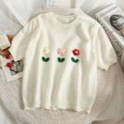 Flower-accent Short-sleeve Knit Top White - One Size