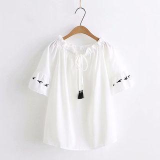 Short-sleeve Embroidered Chiffon Top White - One Size