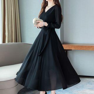 3/4-sleeve Frill Trim Chiffon A-line Midi Dress