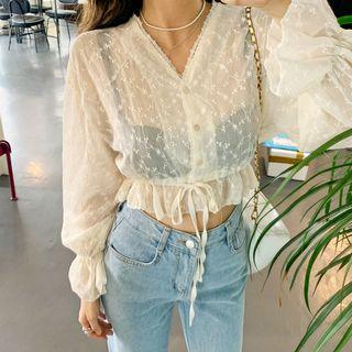 Beribboned See-through Eyelet-lace Blouse