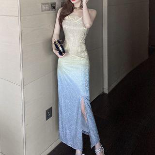 Spaghetti Strap Ombre Glitter Midi A-line Dress