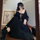 Contrast Collared Lace Up Long-sleeve Corduroy A-line Dress