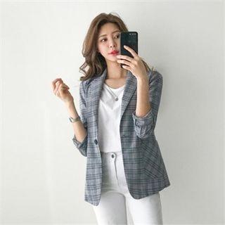 One-button Linen Blend Plaid Blazer
