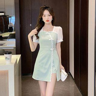 Set: Short-sleeve Lace Trim Mini A-line Dress + Shorts