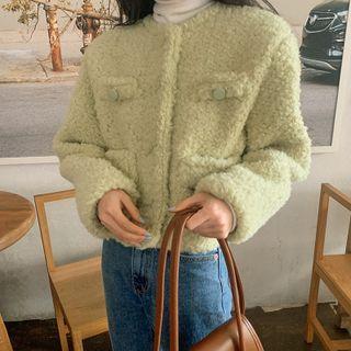 Round-neck Plain Faux Shearling Button-up Cropped Jacket Light Green - One Size