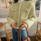 Round-neck Plain Faux Shearling Button-up Cropped Jacket Light Green - One Size
