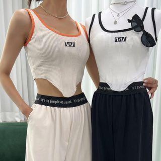 Letter Asymmetric-hem Crop Knit Tank Top