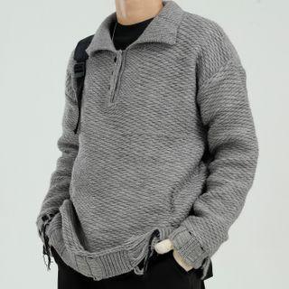Distressed Hem Long-sleeve Knit Polo Shirt