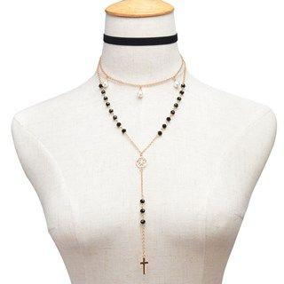 Cross-drop Beaded Long Necklace