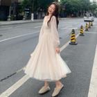 Puff-sleeve Plain Mesh Dress