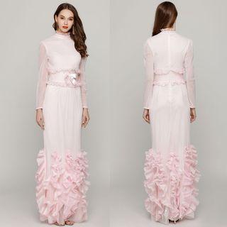 Mock Neck Frilled Trim Sheer Sleeve Panel Mermaid Evening Gown