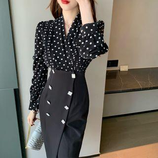Puff-sleeve Dotted Paneled Midi Sheath Dress