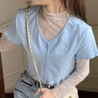 Short-sleeve Embroidered Button-up Top / Long-sleeve Mesh Top