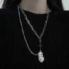 Face Cross Pendant Double-layered Necklace Silver - One Size