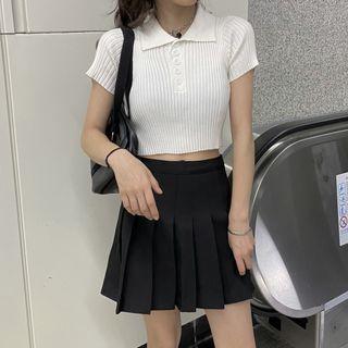 Short-sleeve Polo Knit Top / Pleated Mini A-line Skirt