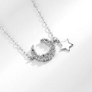 S925 Sterling Silver Moon Necklace Necklace - Star & Moon - Silver - One Size