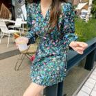 Bishop-sleeve Tie-waist Floral Wrap Dress