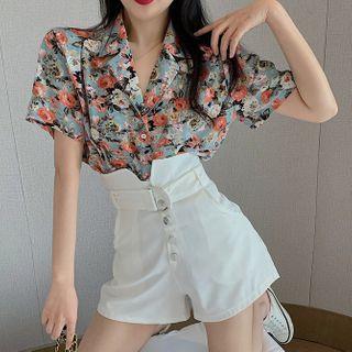 Flower Print Short-sleeve Blouse / High-waist Shorts