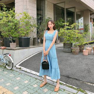 Tie-shoulder Tiered Long Chambray Dress