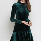 Long-sleeve Velvet Pleated Mini Dress