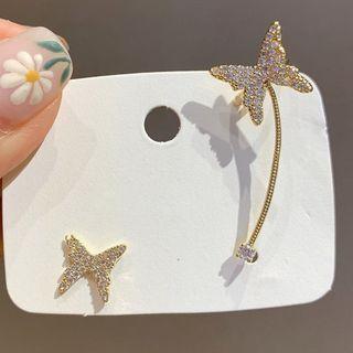 Non-matching Rhinestone Butterfly Earring 1 Pair - Asymmetric - Gold - One Size