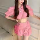 Set: Puff-sleeve Crop Top + Ruffle Trim Mini A-line Skirt